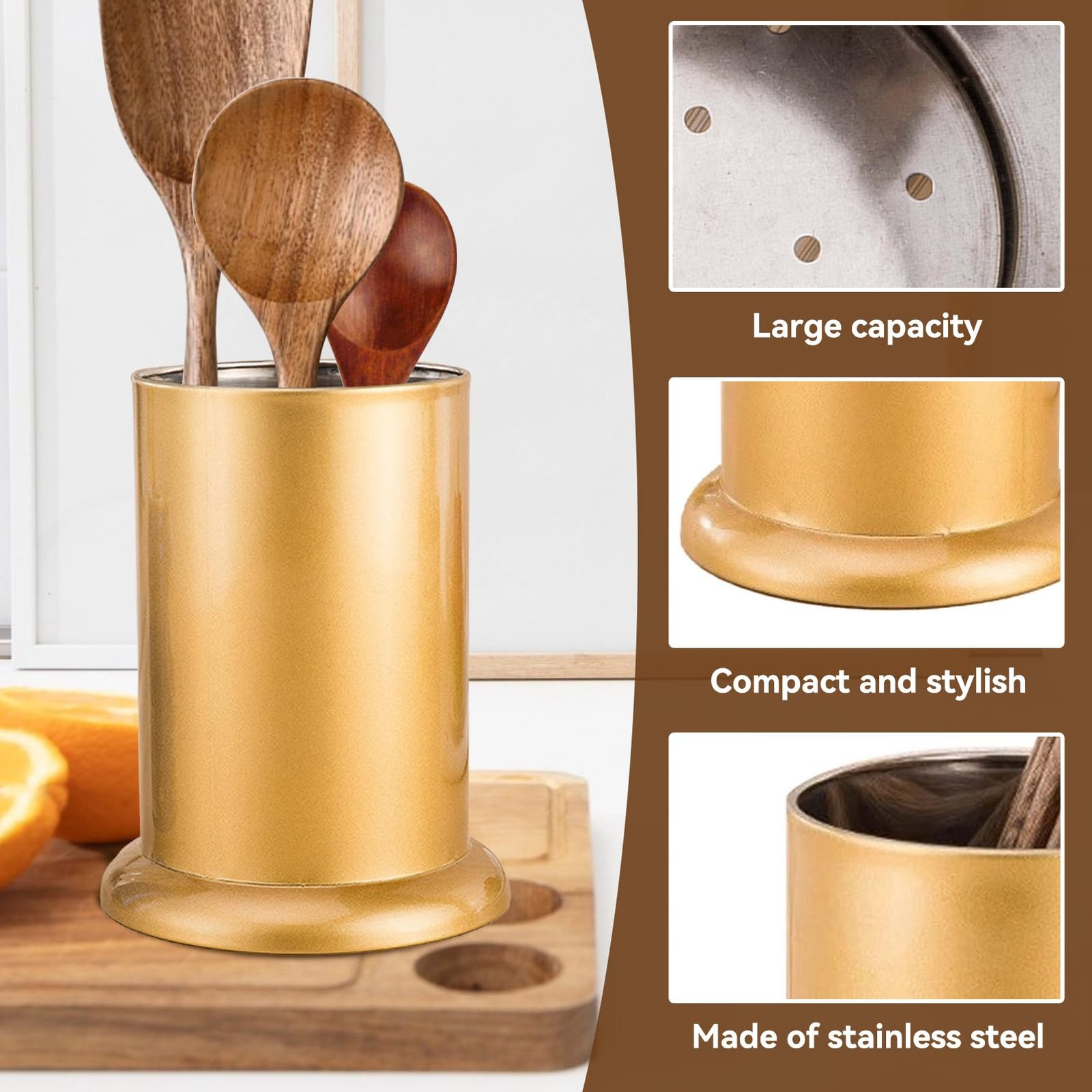 Utensil Holder, Stainless Steel Flatware Storage Basket Gold Silverware