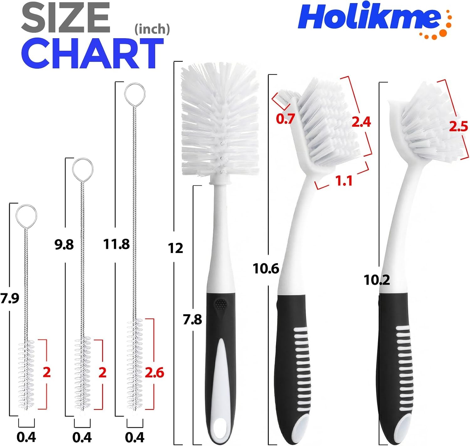 Holikme 6-Pack Dish Brush Set: Bottle, Pan, Straw Brushes – Black