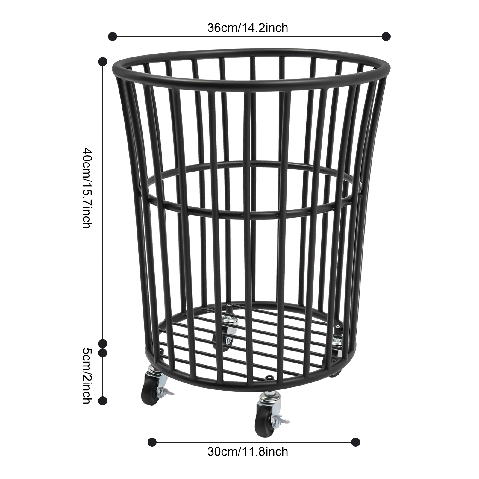Black Metal Laundry Basket with 4 Wheels,36*40cm Round Barrel Laundry Basket