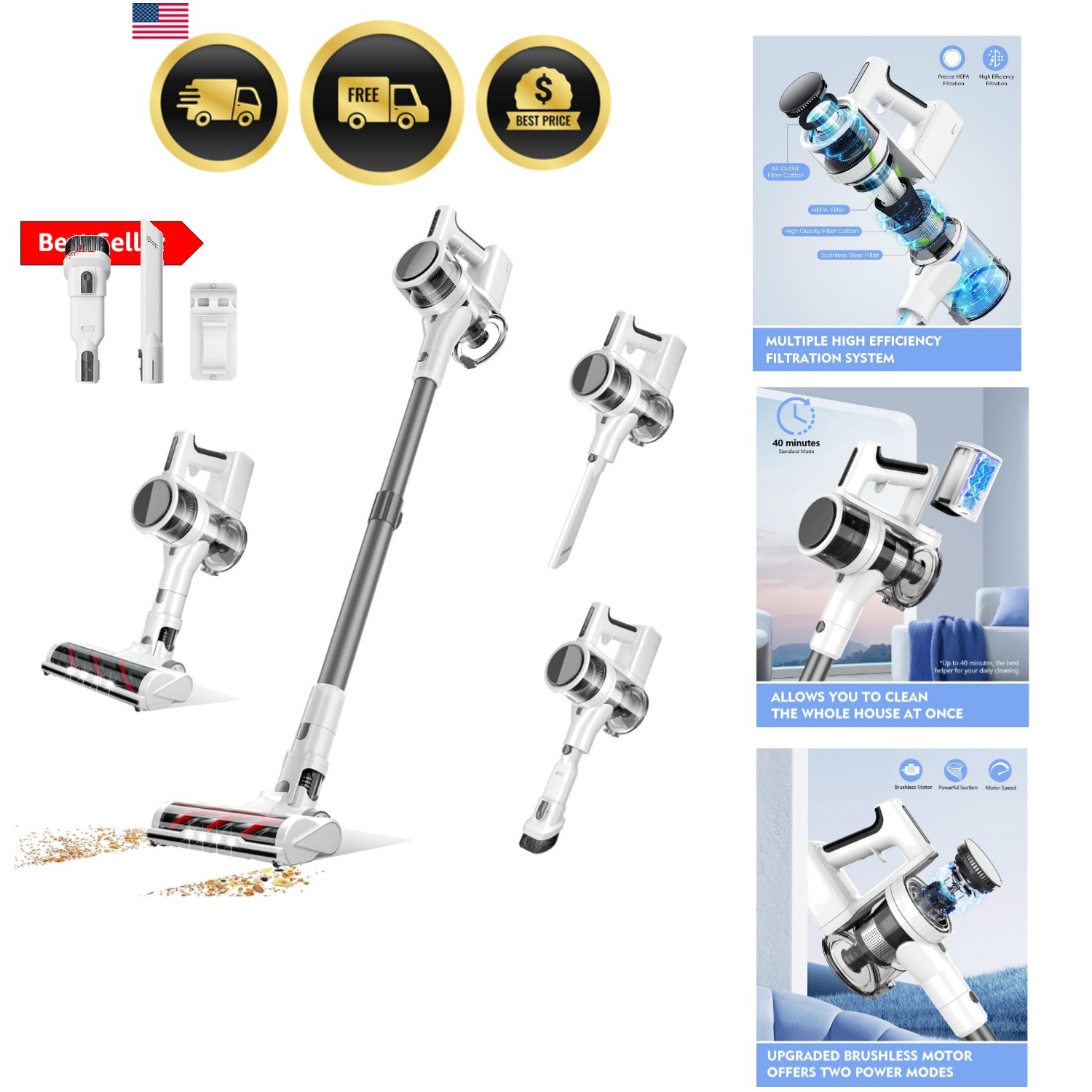 Cordless Vacuum Cleaner Lightweight Powerful Stick Vac 35 Min Runtime Home Car