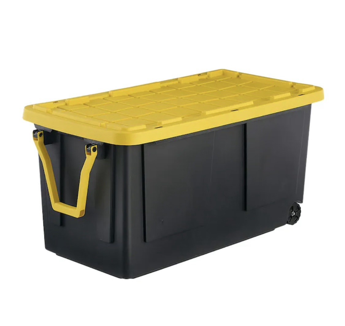 75 Gallon Extra Large Black Yellow Plastic Storage Container, Lidded, Stackable