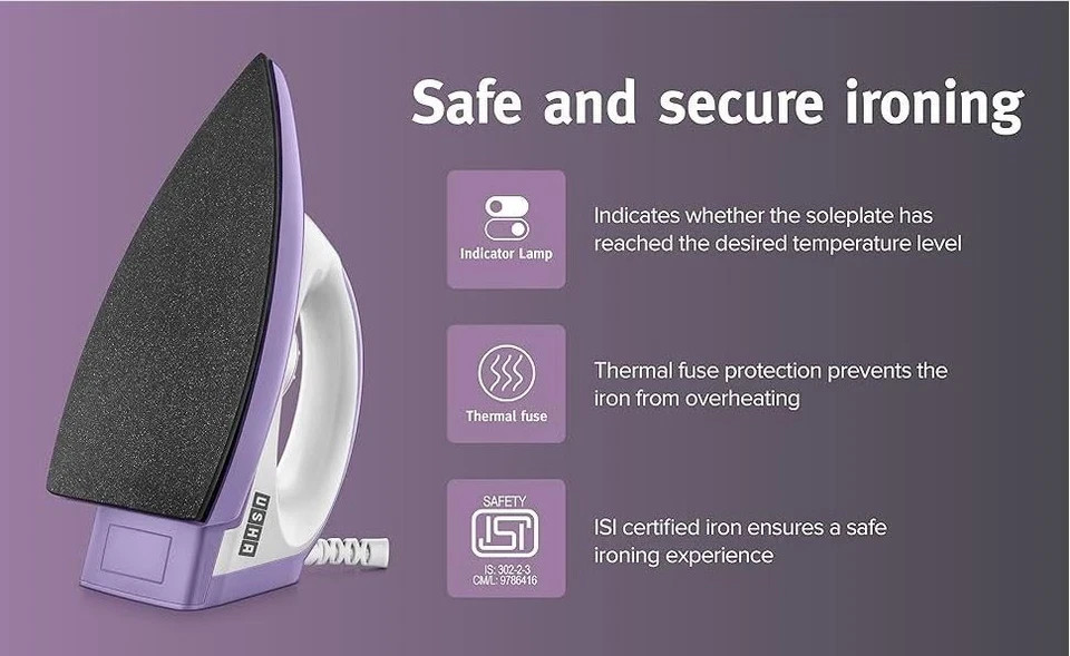 USHA Armor 1100 watts Dry Iron with Shock Proof Plastic Body Purple & White 220V