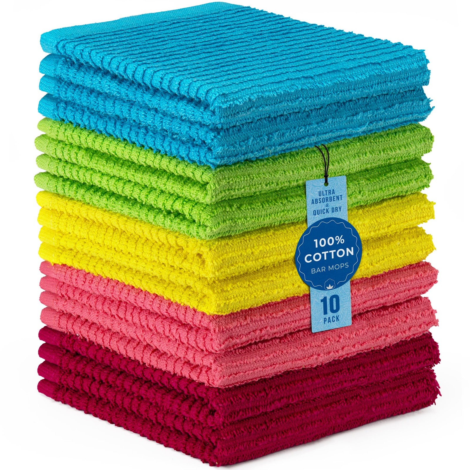 DecorRack 10 Pack 100% Cotton Bar Mops, 12 x 12 in, Cheerful Assortment