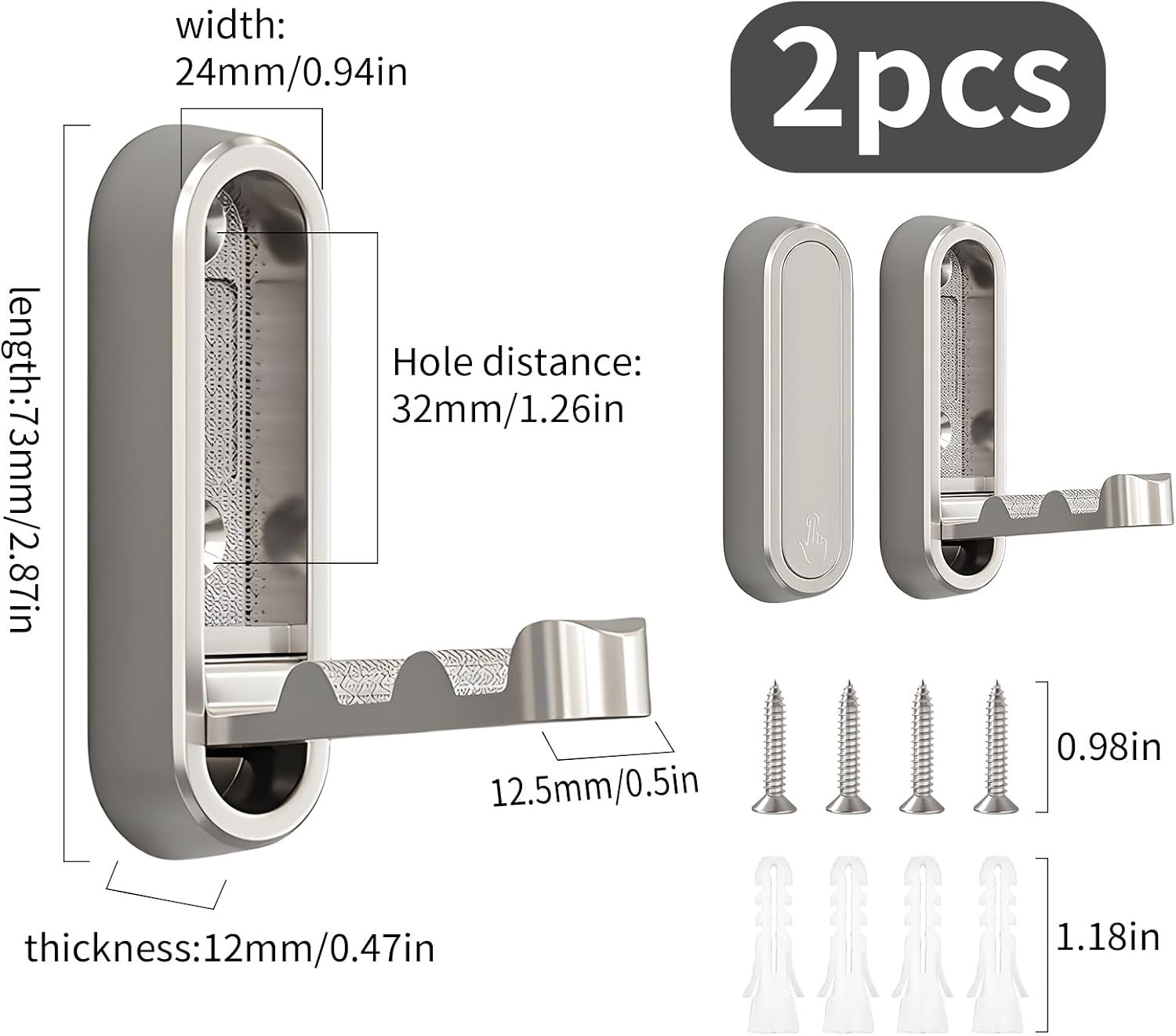 Foldable Wall Hooks Silver, 2 Pack Folding Coat Hooks, Screw Mounted | Heavy Dut
