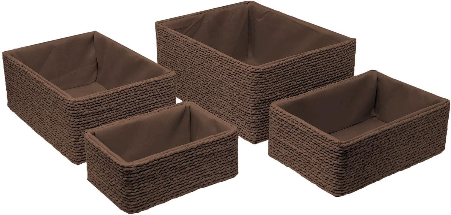 4 Pack Woven Storage Baskets Paper Rope Basket Set Closet Organizer Bins Brown