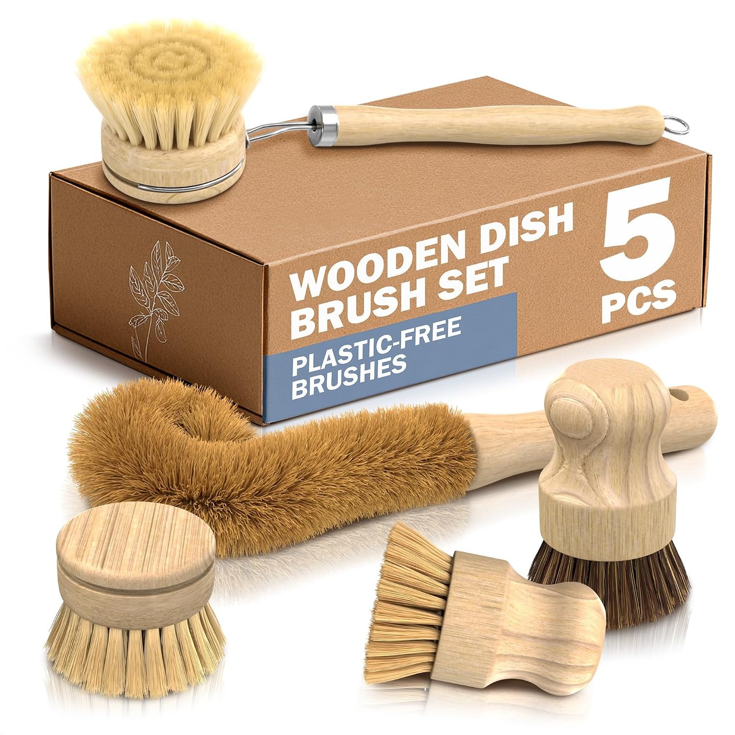5 Pcs Bamboo Dish Brush Set, Non-Scratch Bristles, Replacement Head | Bamboo