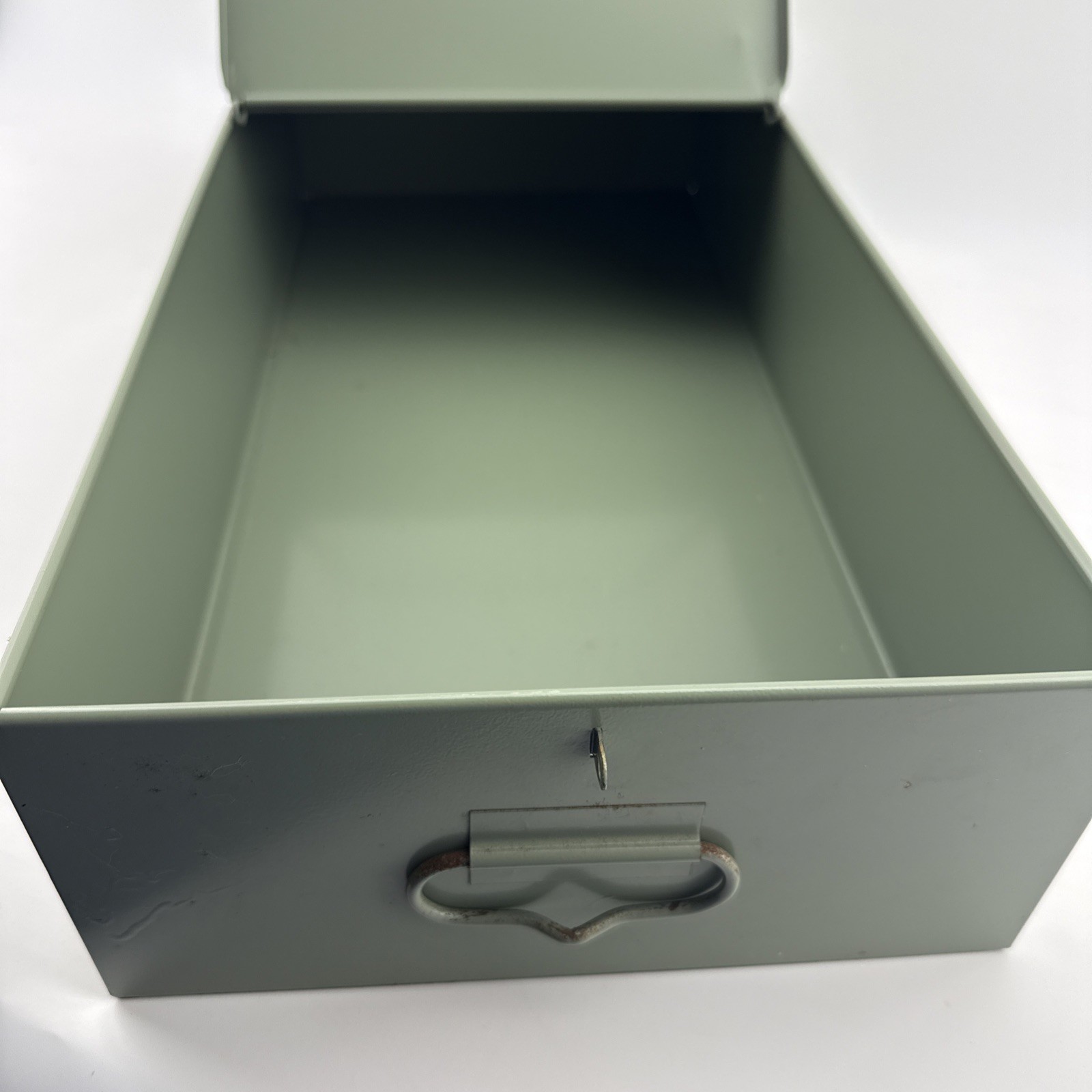 Vintage X-10 Light Green Metal Storage Box 21.5x10x5 Slide Lid