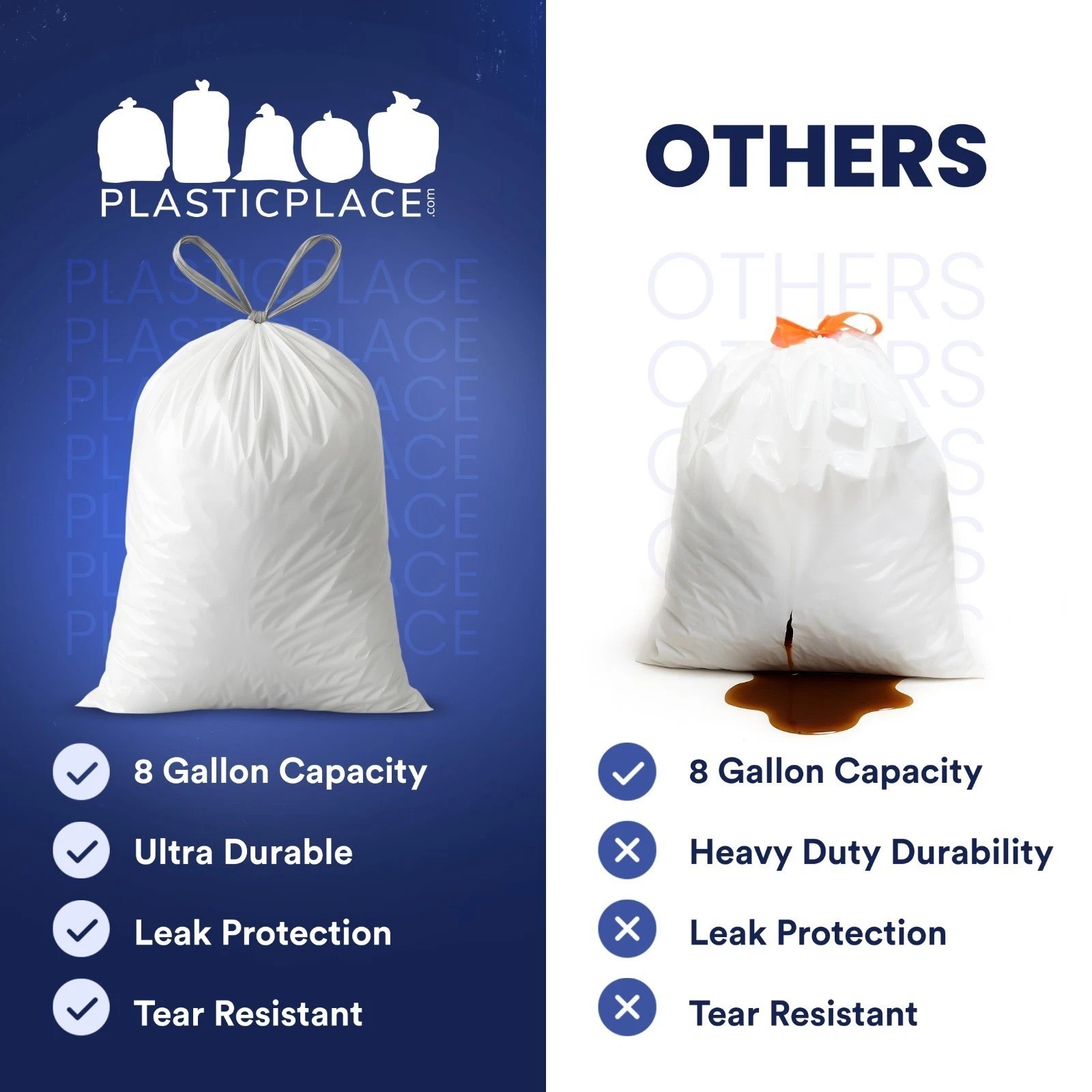Plasticplace 8 Gallon White Trash Bags, White, 0.7 Mil, 200 Count