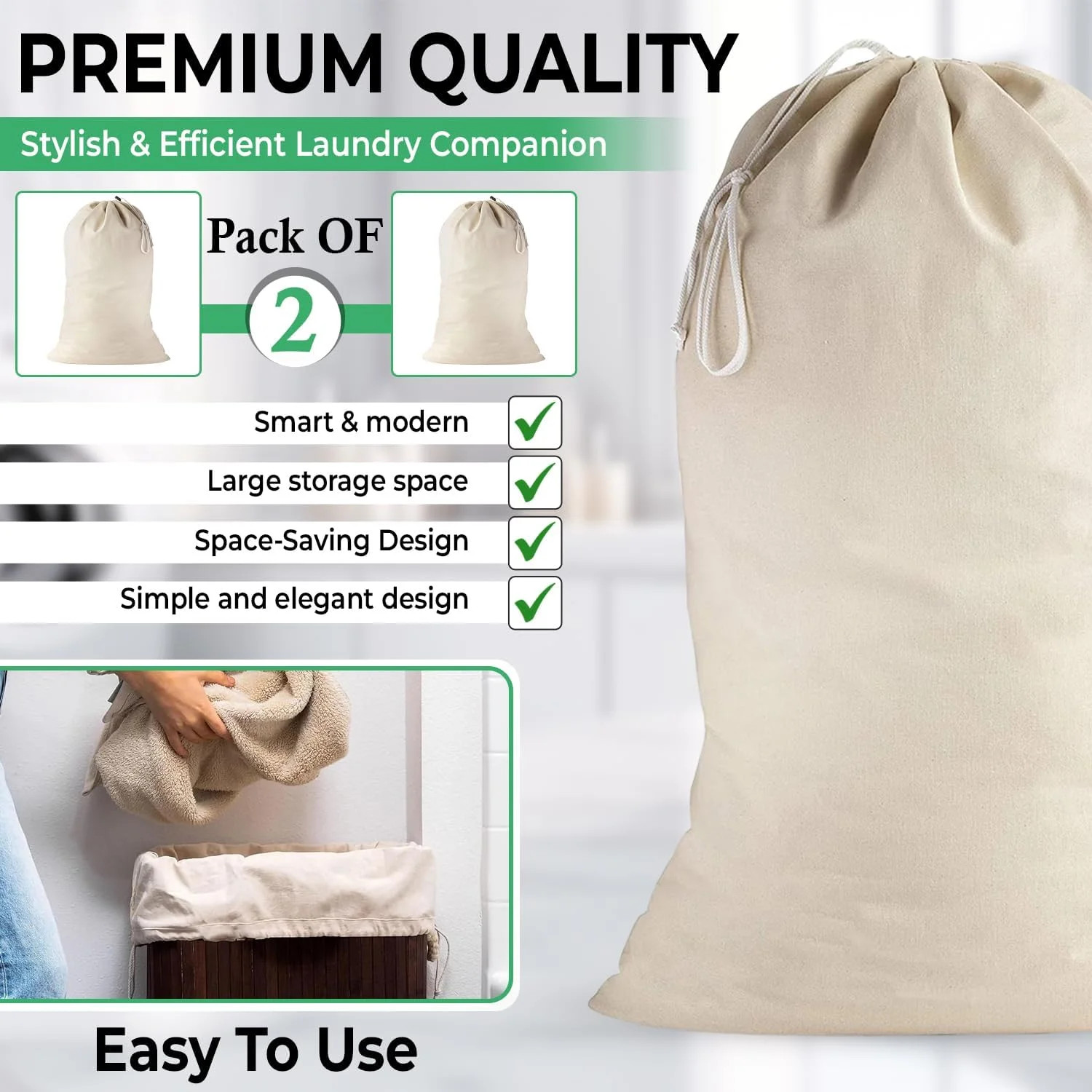 2 Pack – Extra Large Cotton Laundry Bag, Heavy Duty Large Laundry Bags 24 X 36 I