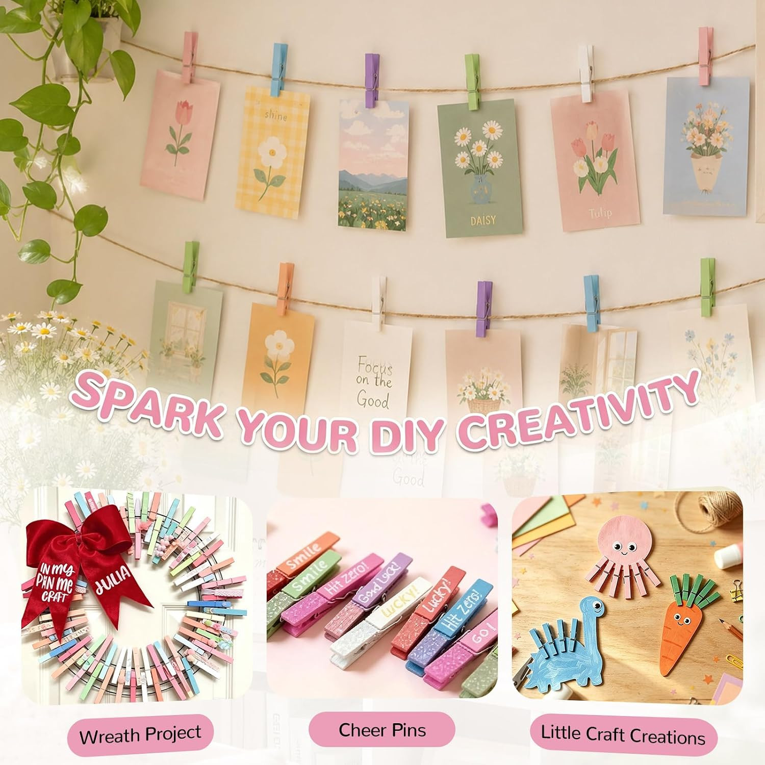 100Pcs Colored Clothespins Wooden Bulk 2.9 Inch Pastel Cheer Clothes Pins | Colo