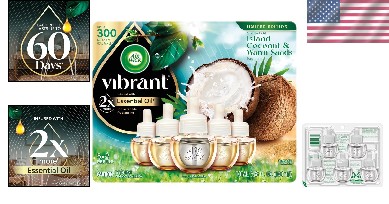 Vibrant Scented Oil Refills – Island Coconut & Warm Sands, 5 Pack, 60-Day Aroma