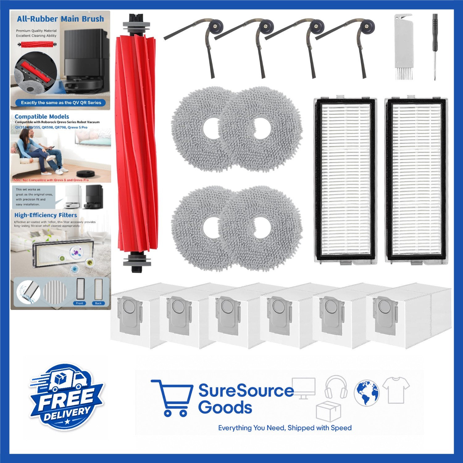 Roborock Qrevo Vacuum Accessories – 1 Main Brush, 4 Mop Cloths, 6 Dust Bags
