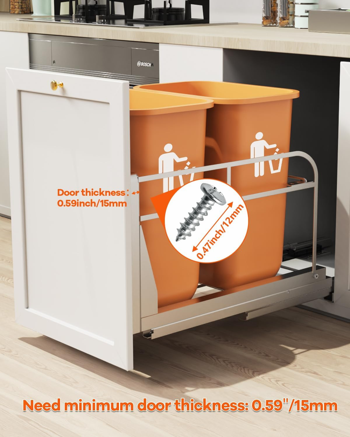 Under Cabinet Dual Pull Out Trash Can Kit for Kitchen – 17″W x 24″D Required