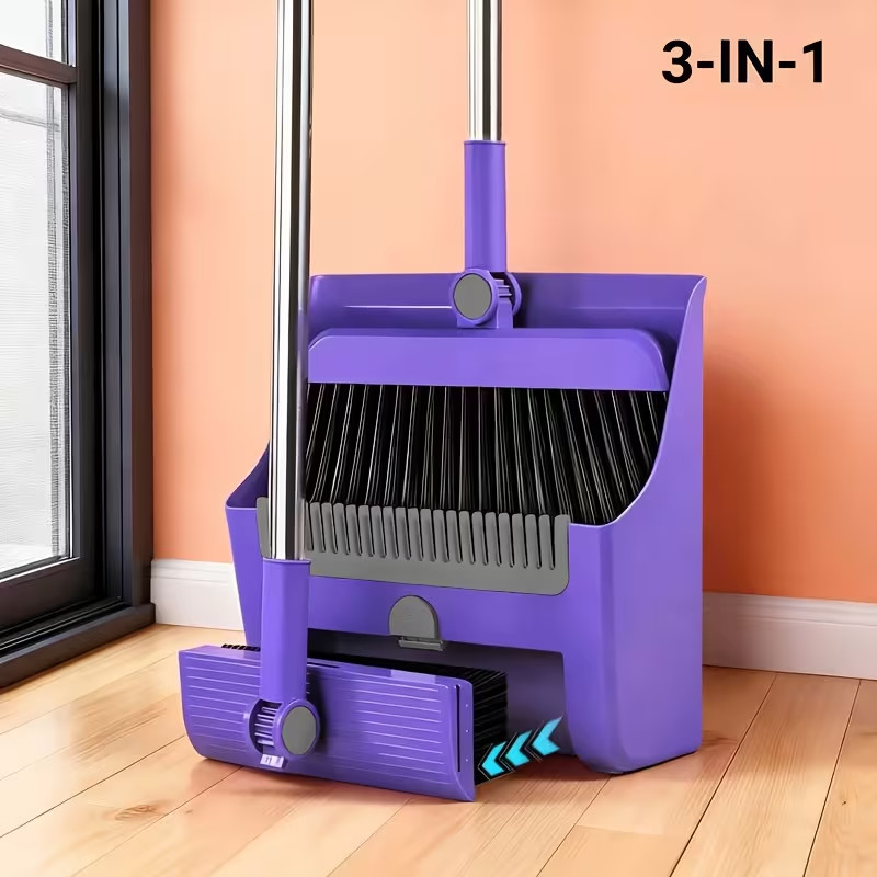 3-in-1 Long Handle Broom and Dustpan Set Foldable Upright Floor Sweeper