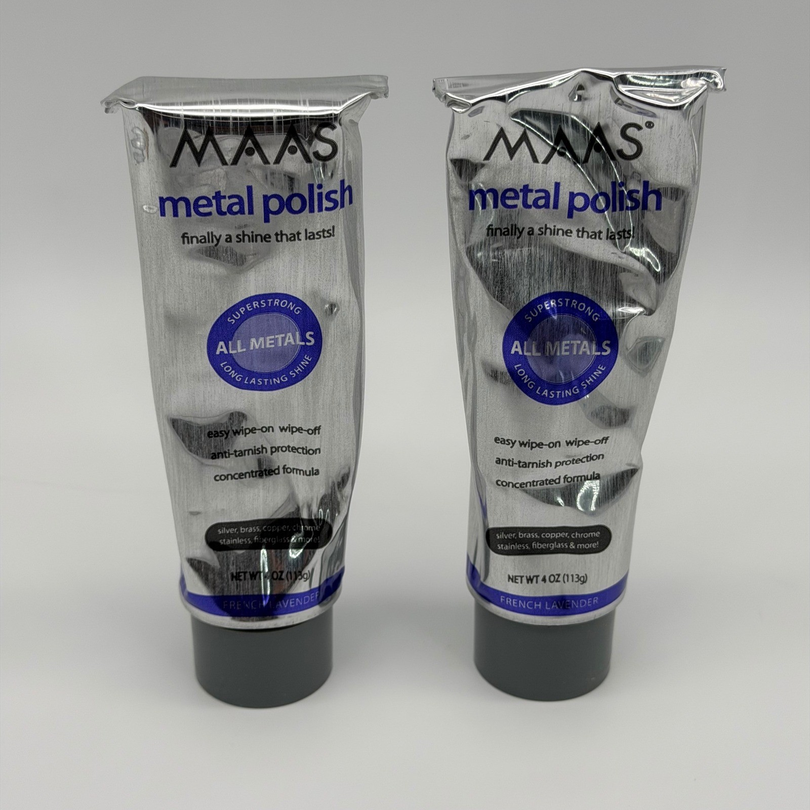 (Lot of 2) Maas Metal Polish 4oz French Lavender All Metals w/ Cloth USA Made