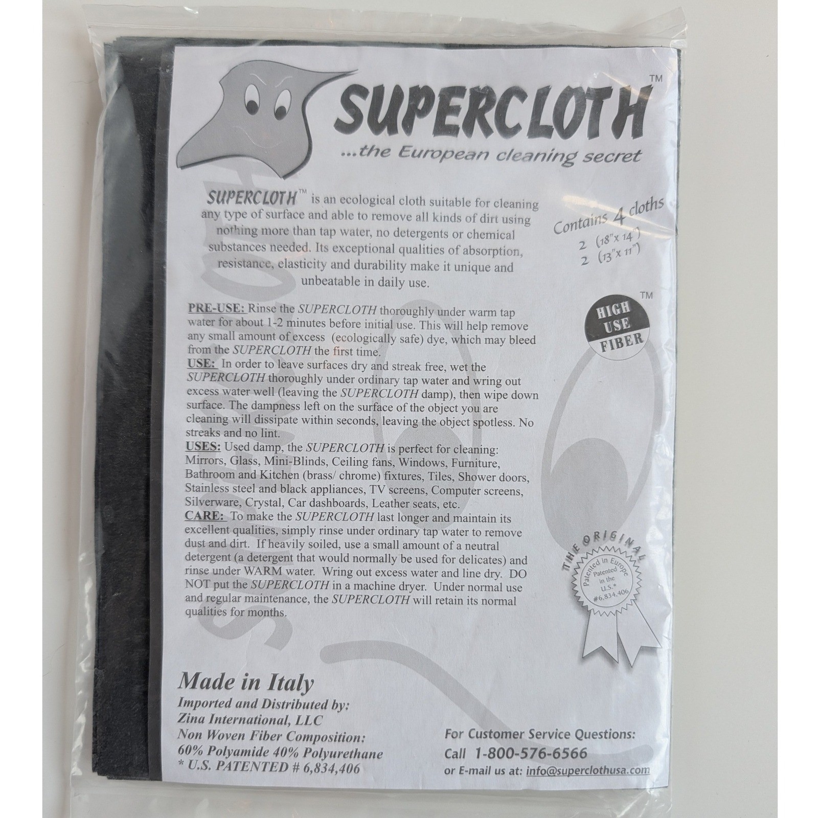 Supercloth European Cleaning Secret 4 Pack Black Made in Italy High Use Fiber
