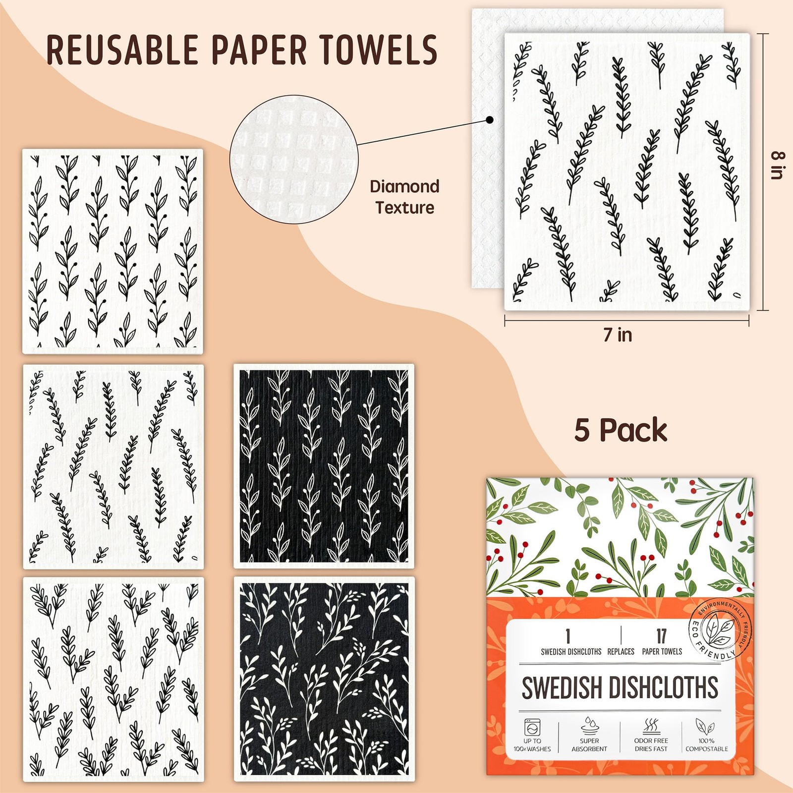 Augine Swedish Dishcloths for 5 Count (Pack of 1), 5 Count- Black and White