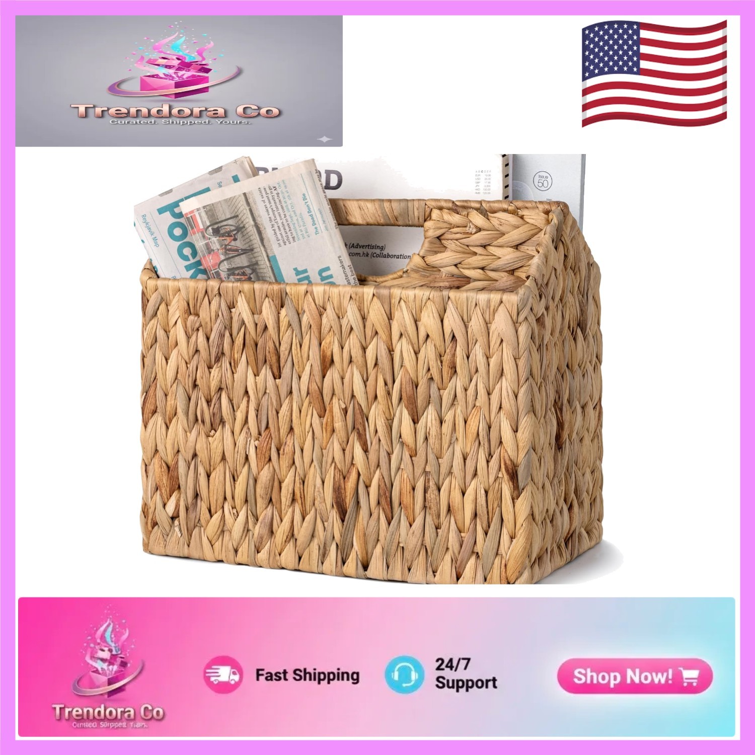 Versatile Water Hyacinth Magazine Rack with Carrying Handles – 14.25″ x 7.75″