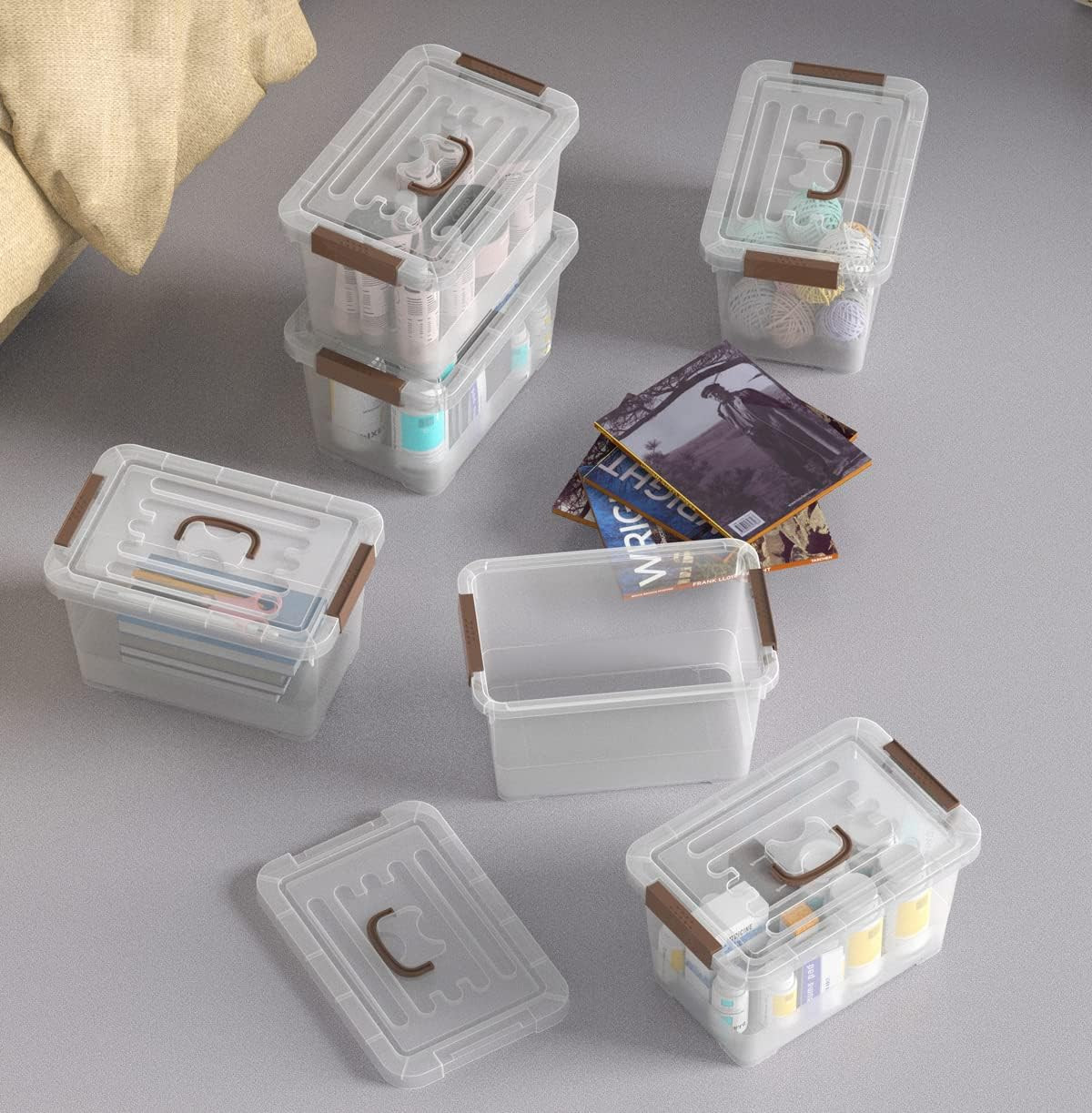 6-Pack Clear 7 Quart Storage Latch Box/Bins, Plastic Stackable Latching Box with