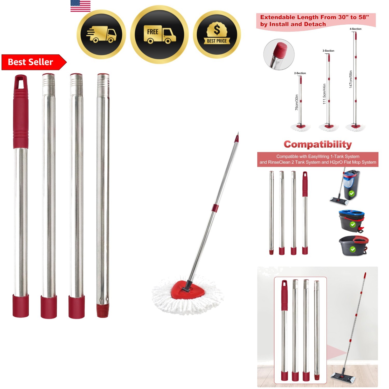 Mop Handle for Ocedar Spin Mop Flat Mop Replacement Extendable 30 58 Stainles…