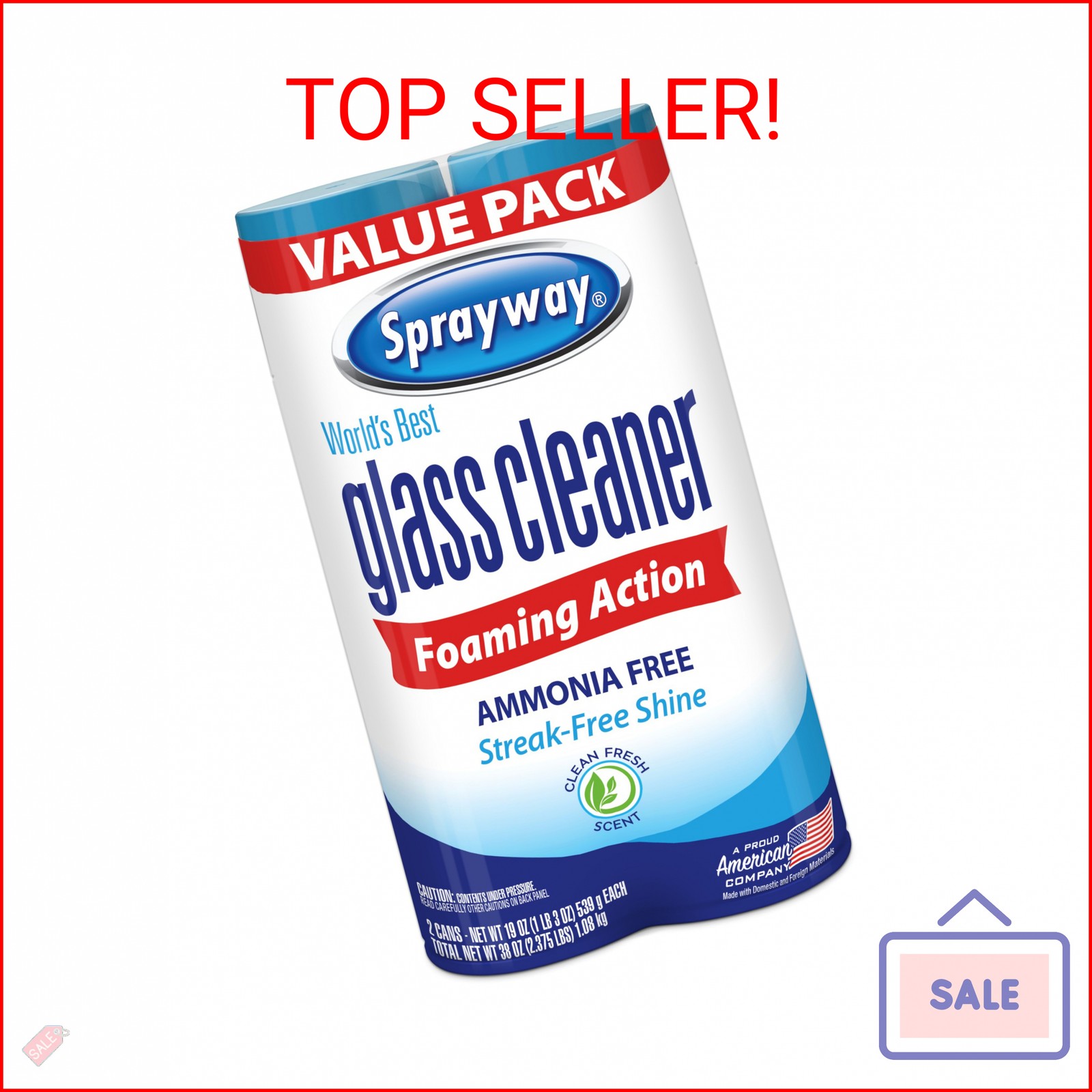 Sprayway Glass Cleaner Foaming Aerosol Spray, 19oz, Pack of 2 | Ammonia-Free, St