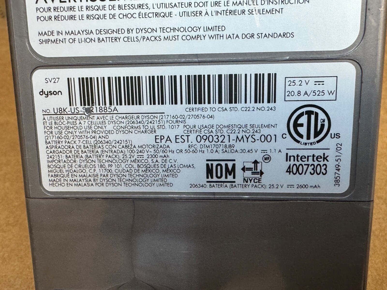 GENUINE DYSON VACUUM V10 [SV27] SCREW-IN LITHIUM ION REPLACEMENT BATTERY