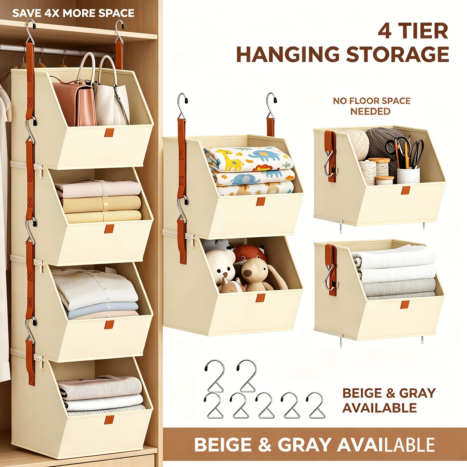 4 Tier Hanging Closet Organizer Shelves Storage Bins Space Saving Clothes US ✨