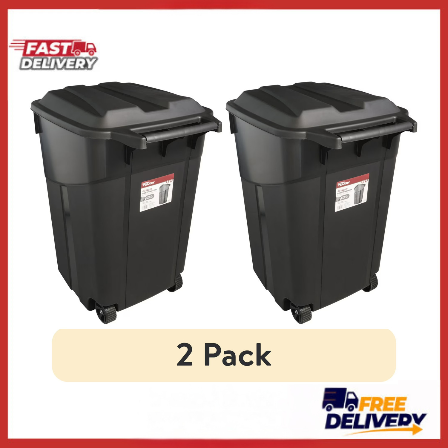 2 Pack Hyper Tough 45 Gallon Rolling Trash Can Heavy Duty Outdoor Black