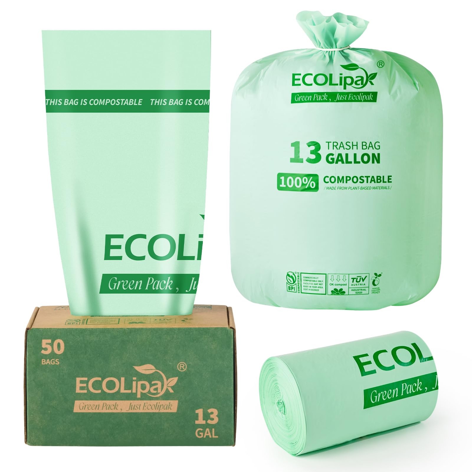 ECOLipak 13 Gallon Compostable Trash 1 Count (Pack of 50), 13gallon-50count