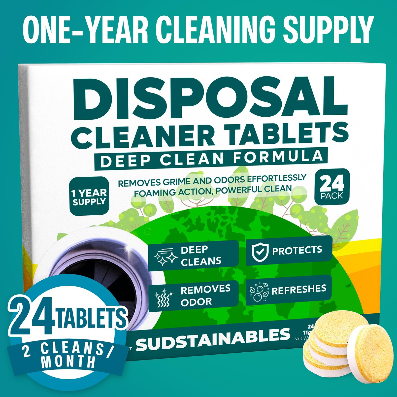Sudstainables Garbage Disposal Cleaner Tablets 24-Pack – 1 Count (Pack of 1)