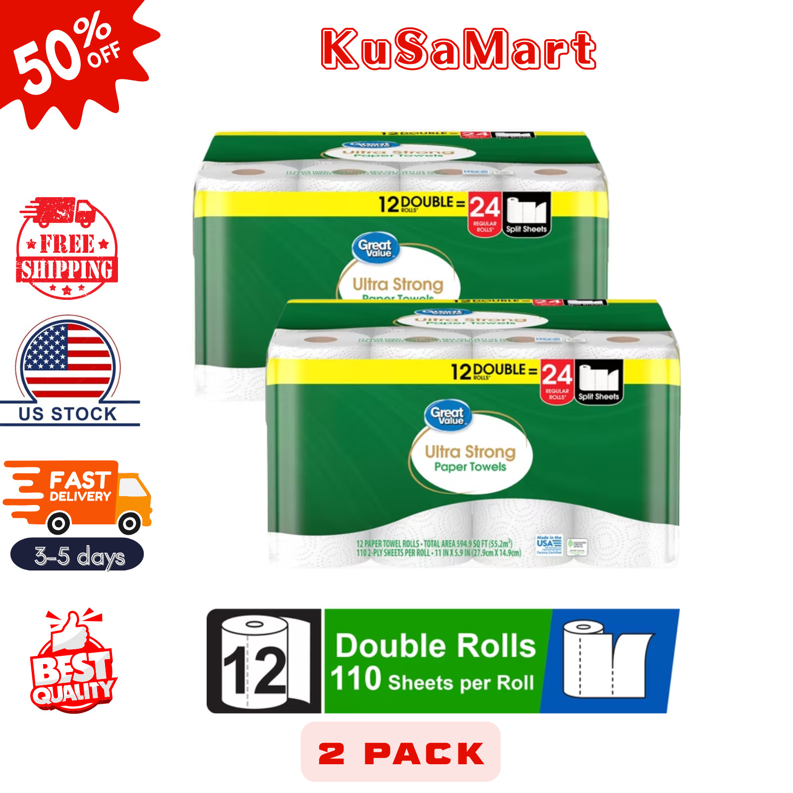 (2 pack) Great Value Ultra Strong Paper Towels, White, 12 Double Rolls, 1320