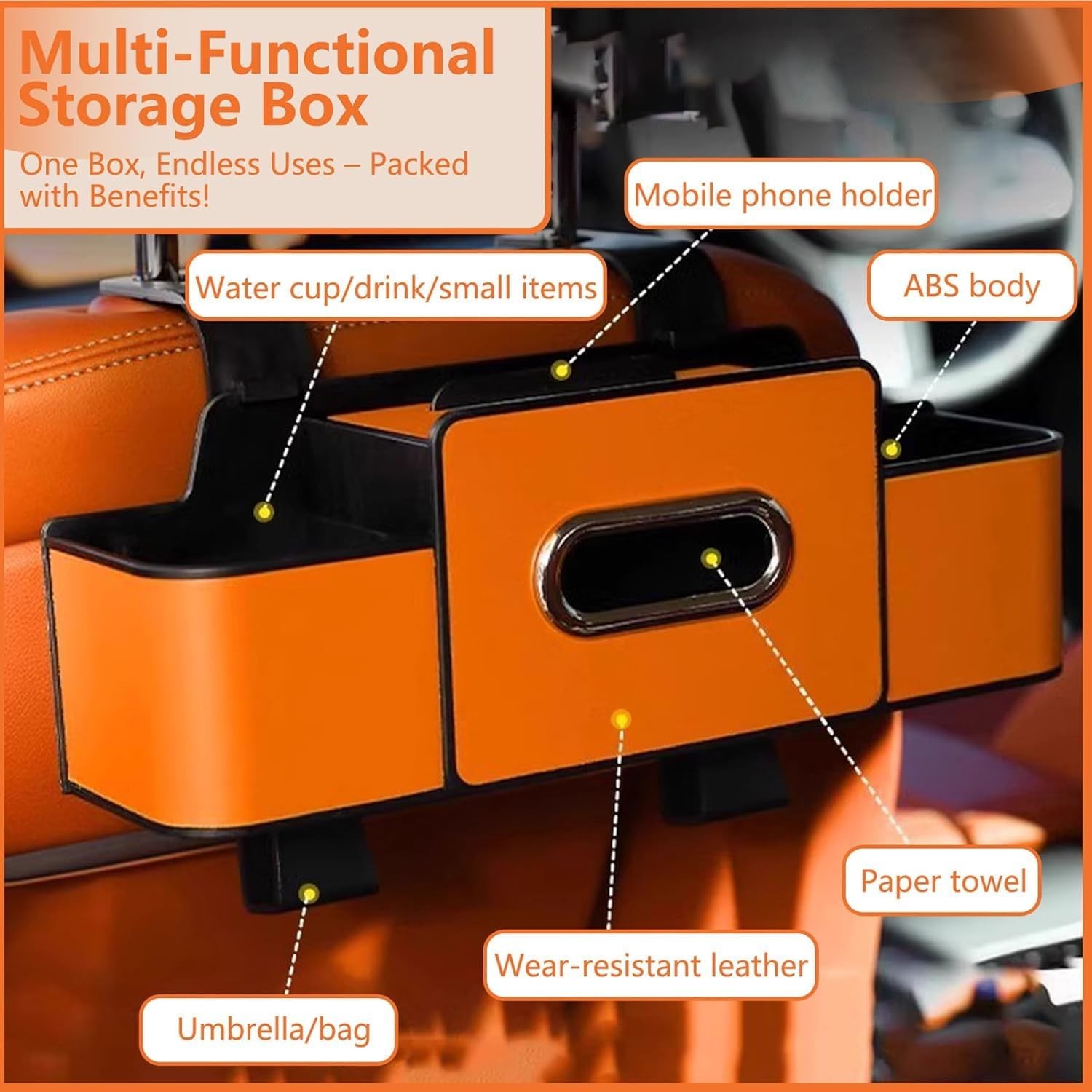 3 in 1 Car Backseat Organizer with Cup Holder Tissue Box Trash Bin Hooks Black