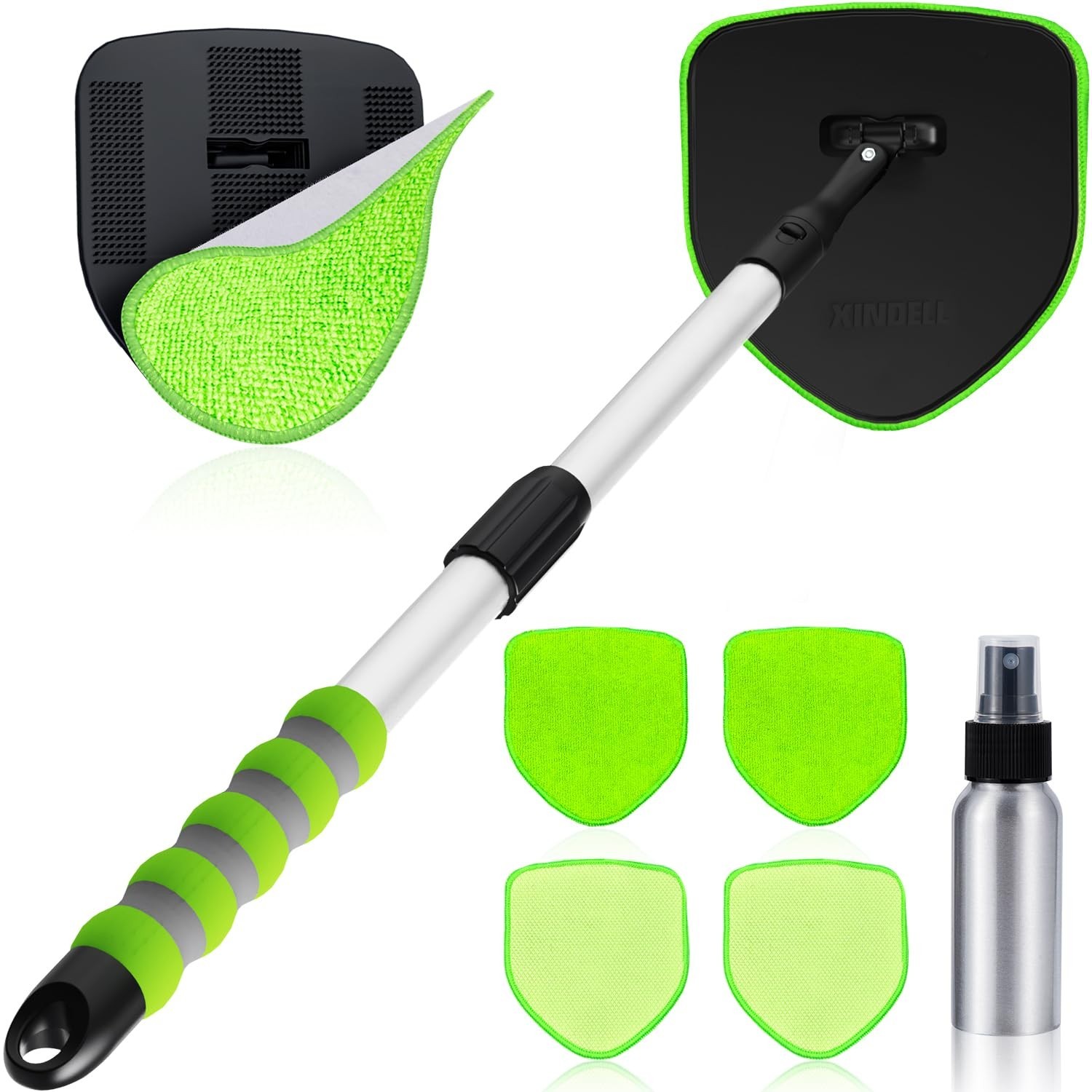 Interior Windshield Cleaner Tool Kit – 4 Reusable Microfiber Pads, Extendable Ha