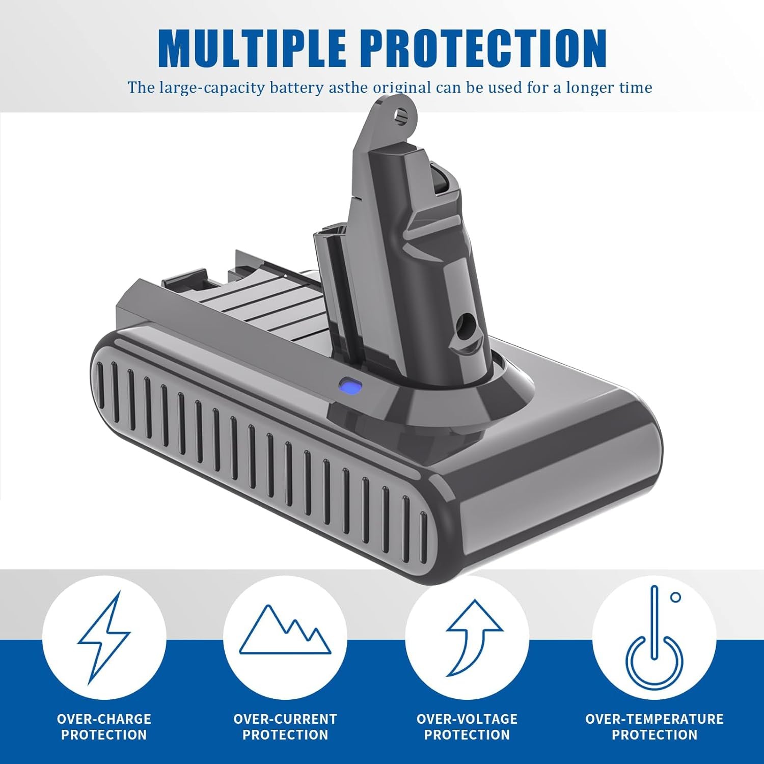 Battery replacement compatible with cordless vacuum cleaner batteries.