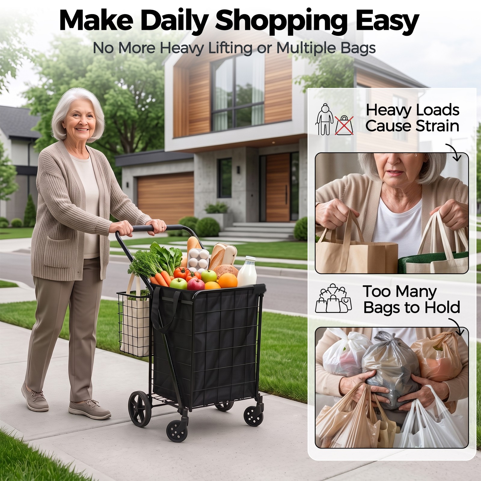 Collapsible Rolling Grocery Cart 88LB Load Capacity w/ Oxford Cloth Liner Black