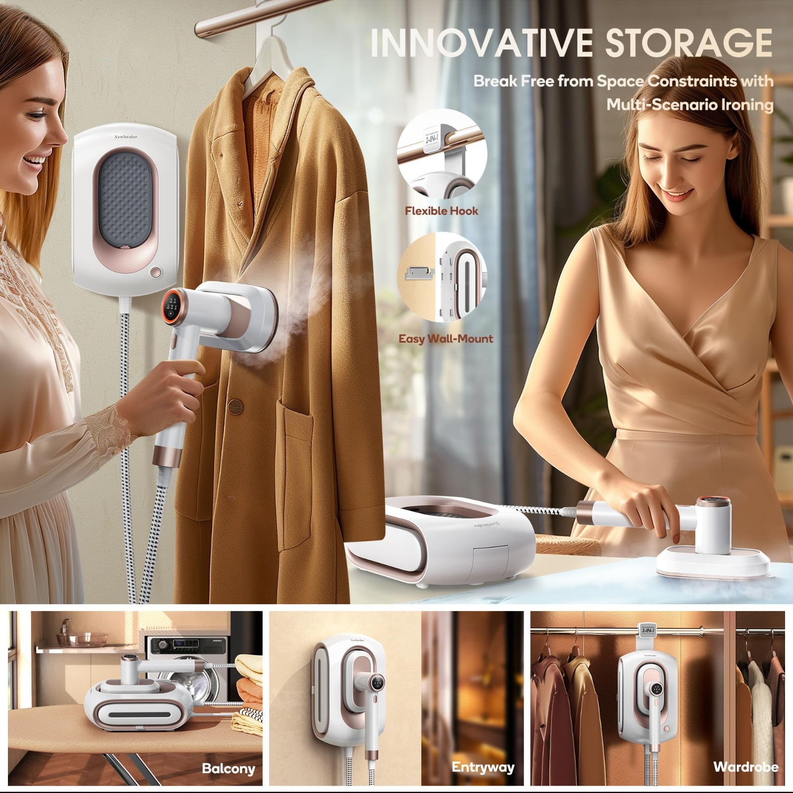 Newbealer – Steamer for Clothes, 1200W Portable Handheld Steam Iron, White-Gold