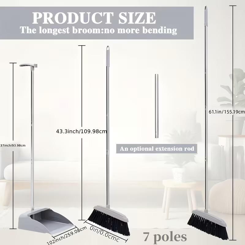 3-in-1 Long Handle Broom and Dustpan Set Foldable Upright Floor Sweeper