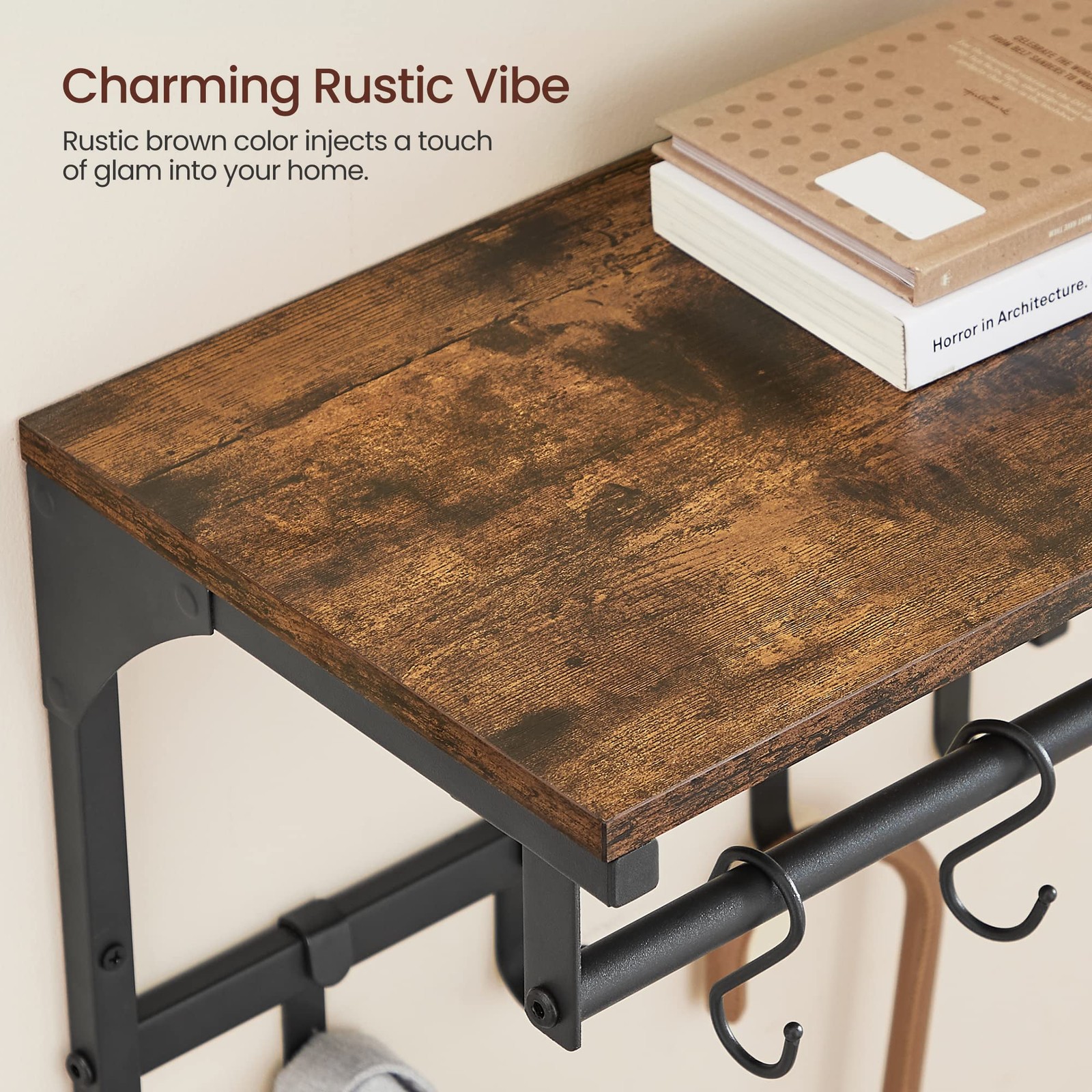 15.7×9.4×9.4 Inch Rustic Brown Wall Mounted Coat Rack Shelf With 8 Hooks