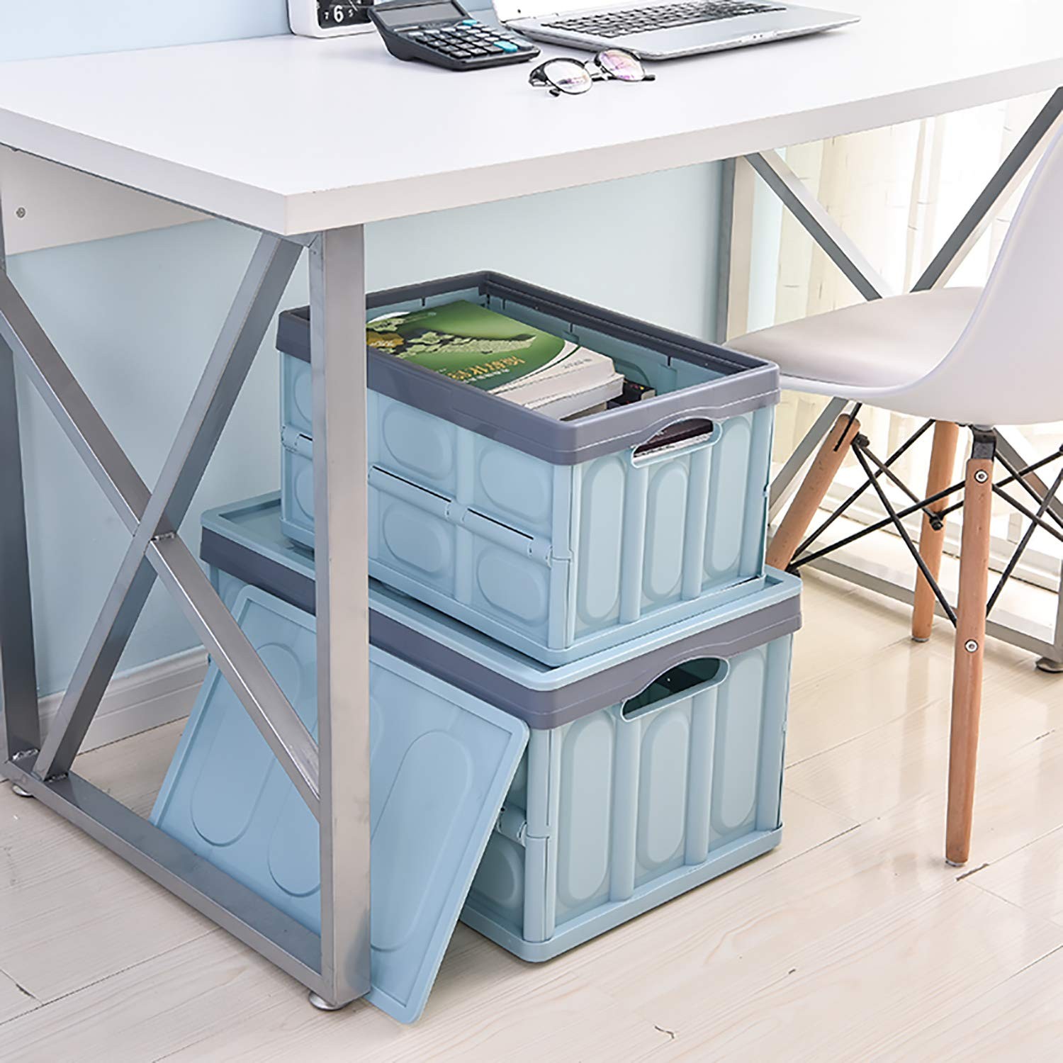 Lidded Storage Bins 2 Pack 30L Blue – Stackable Collapsible Plastic Crates