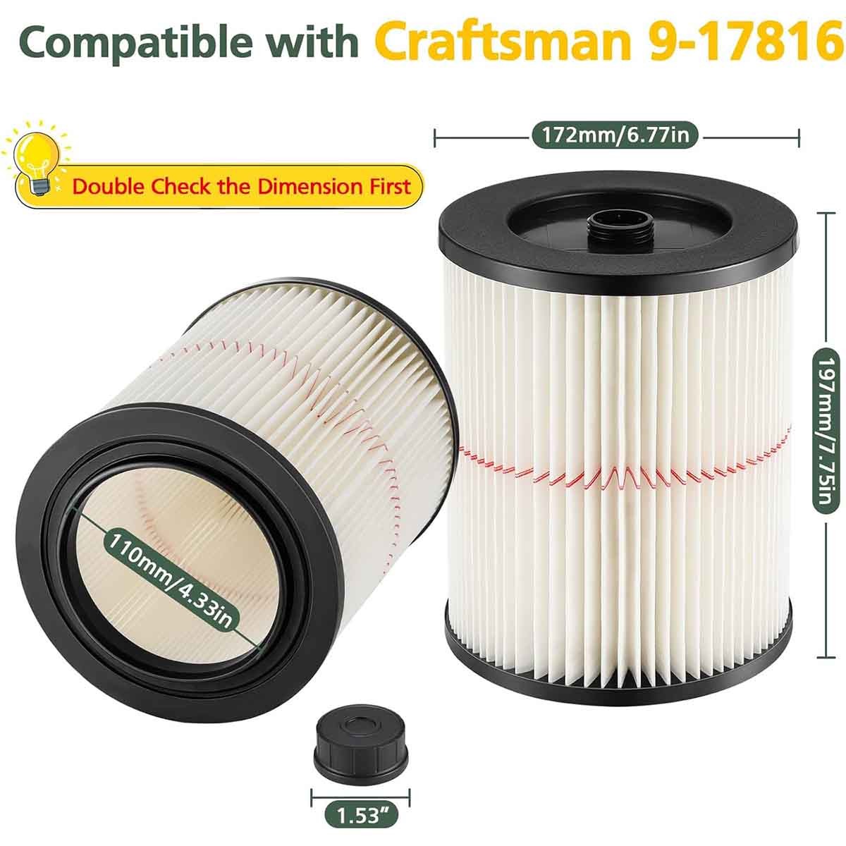 Vacuum Cartridge Filter For Shop Vac Craftsman 9-17816 Replacement Wet Dry