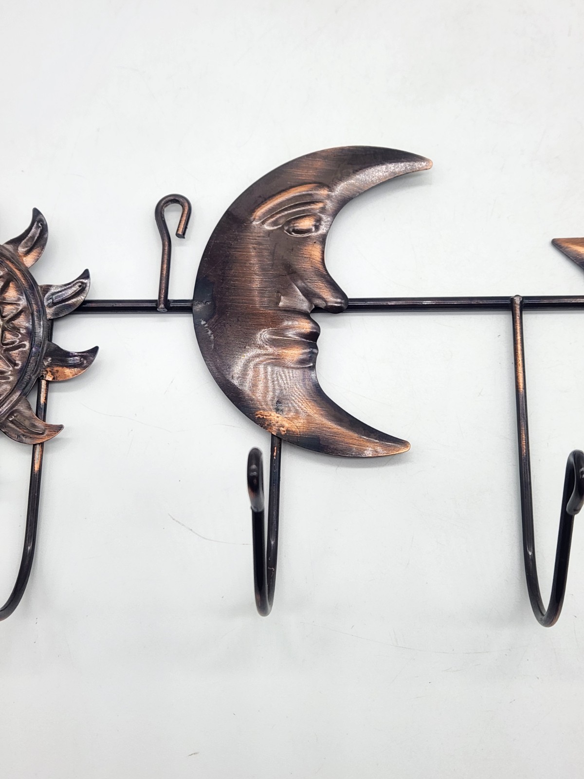 Celestial Sun Moon Star Metal Wall Hook Rack 7 Hooks Rustic Bronze Decor