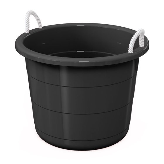 Black 17-Gallon Storage Tub – Flexible Plastic, Rope Handles, Utility Bucket