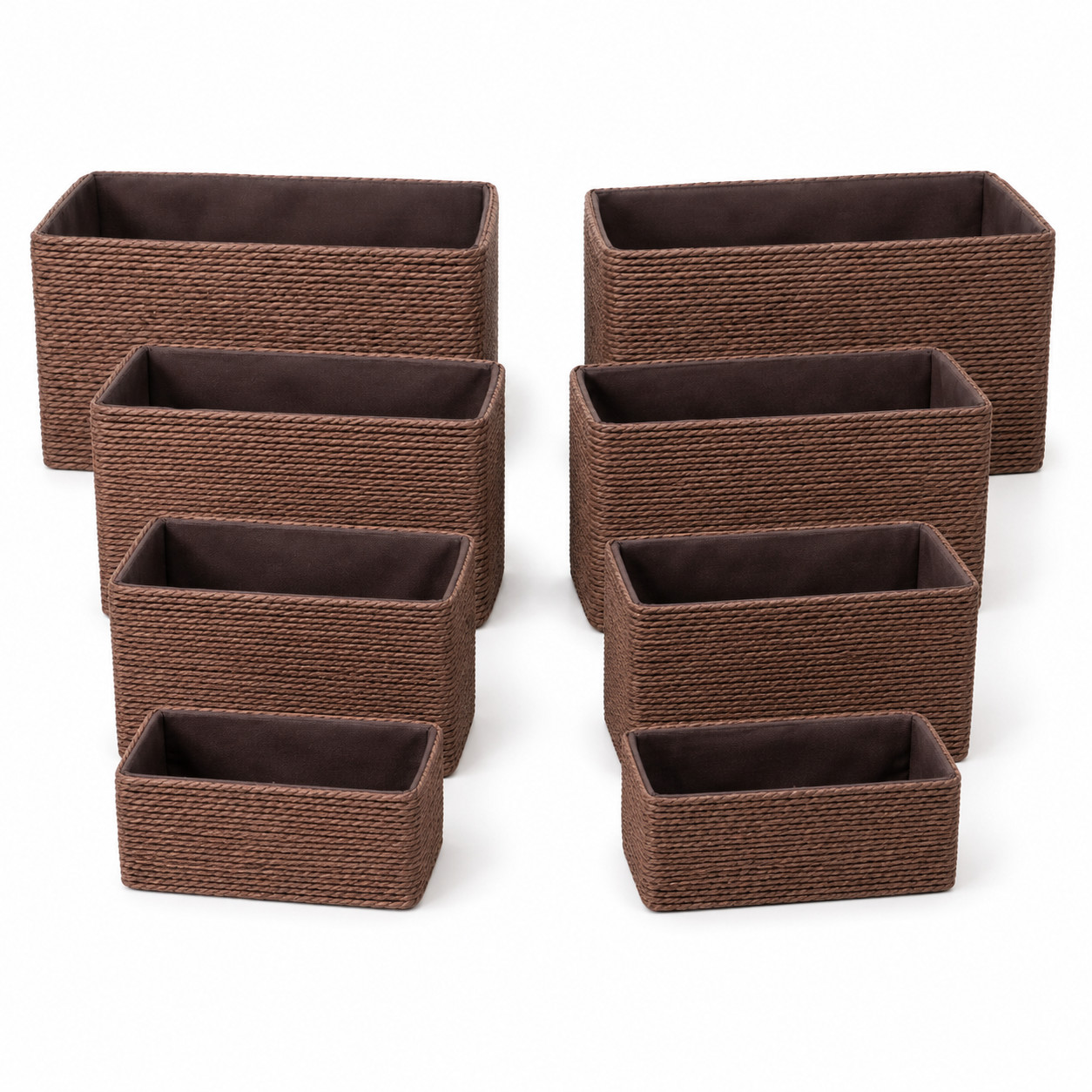 8-Piece Woven Storage Basket Set Paper Rope Organizer Bins Stackable Brown
