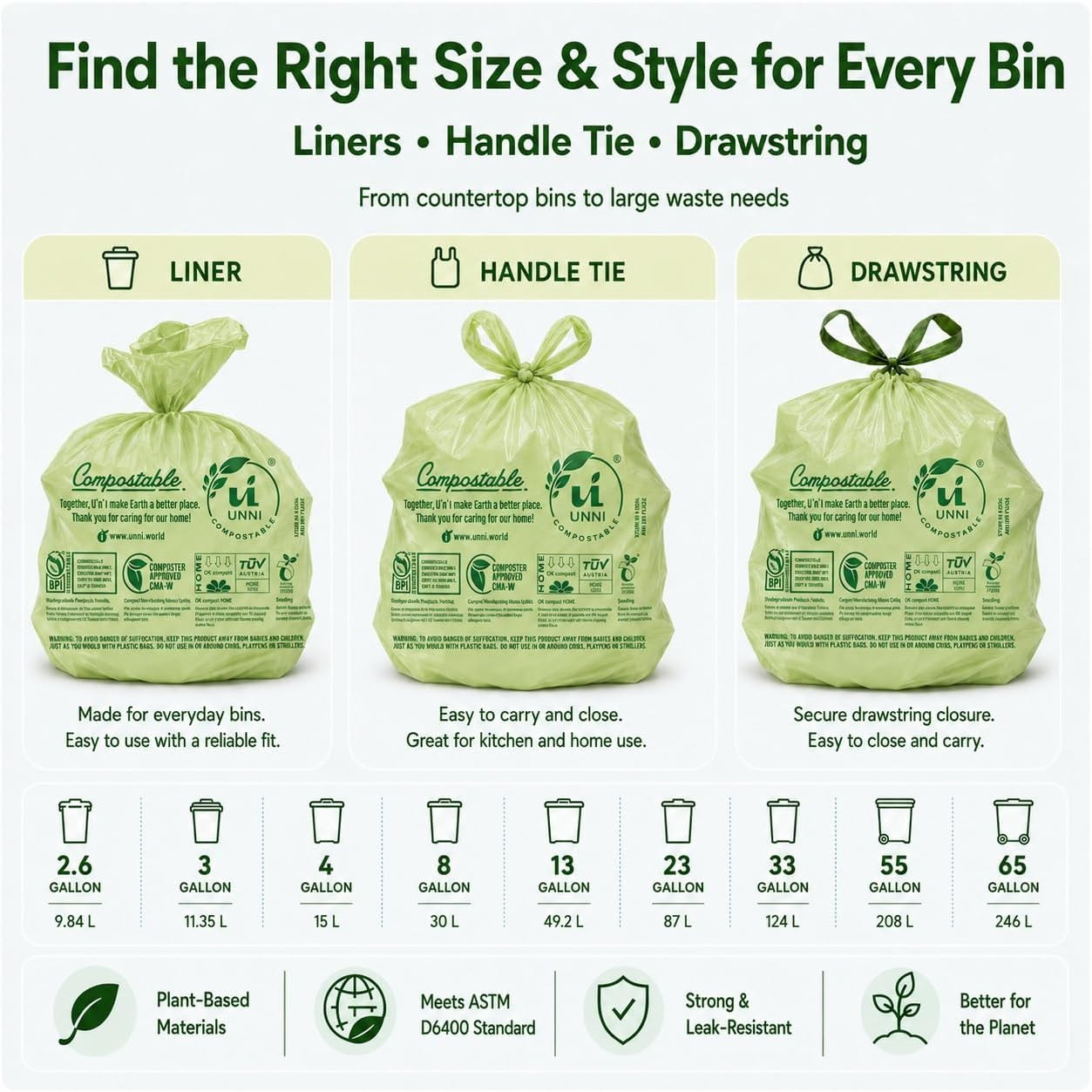 UNNI Compostable Trash Bags, 2.6 Gallon / 9.84 Liter, 100 Count, Extra Thick 0.7
