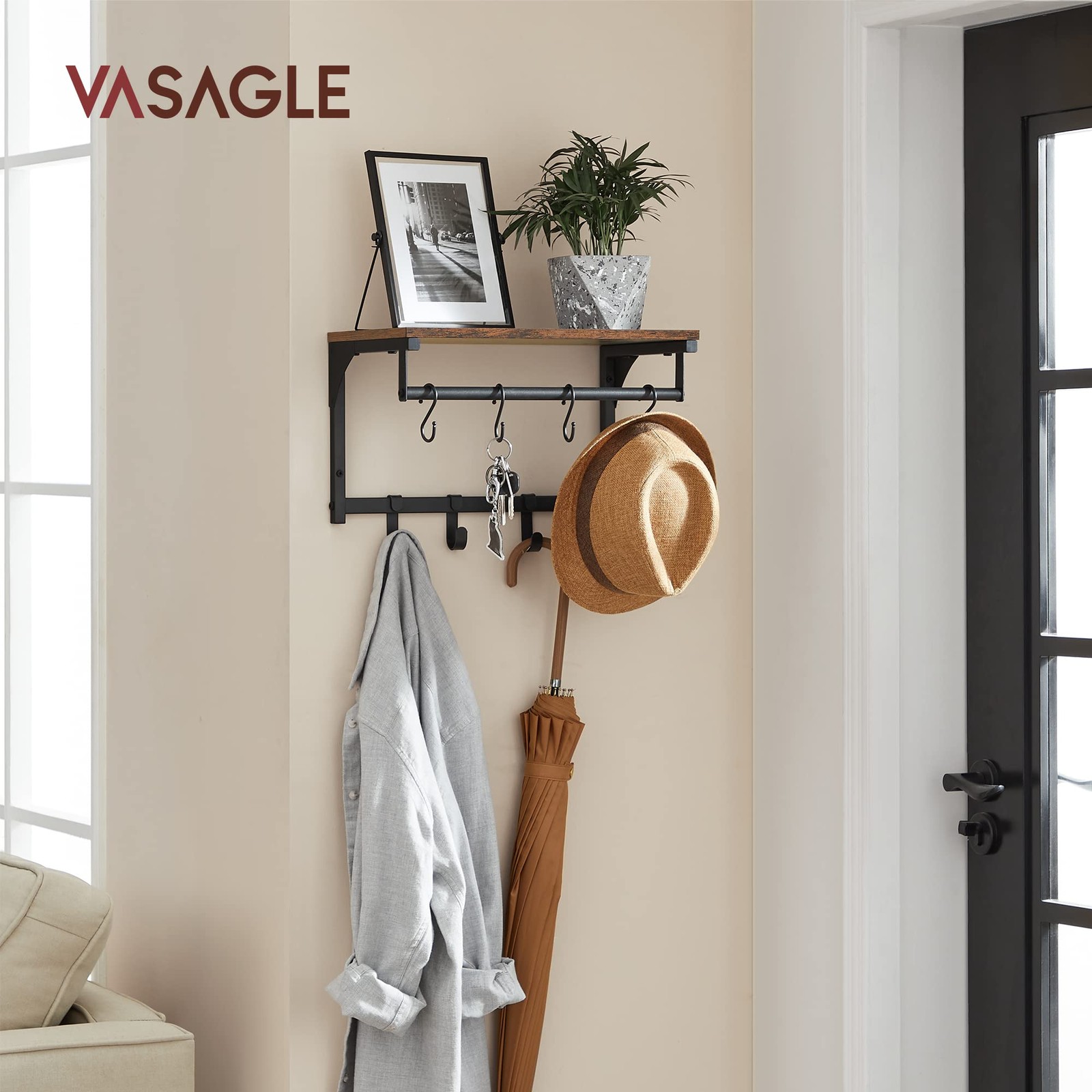 15.7×9.4×9.4 Inch Rustic Brown Wall Mounted Coat Rack Shelf With 8 Hooks
