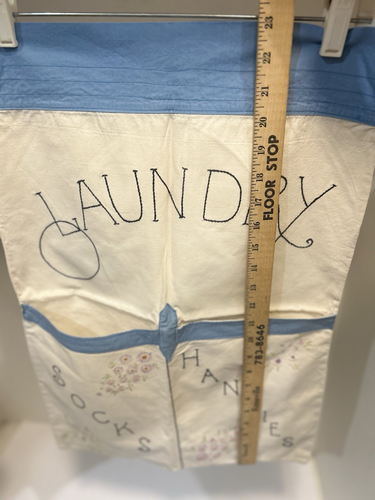 Vintage White/Blue Cotton Hanging 2-Compartment Floral Sleeve Laundry Bag