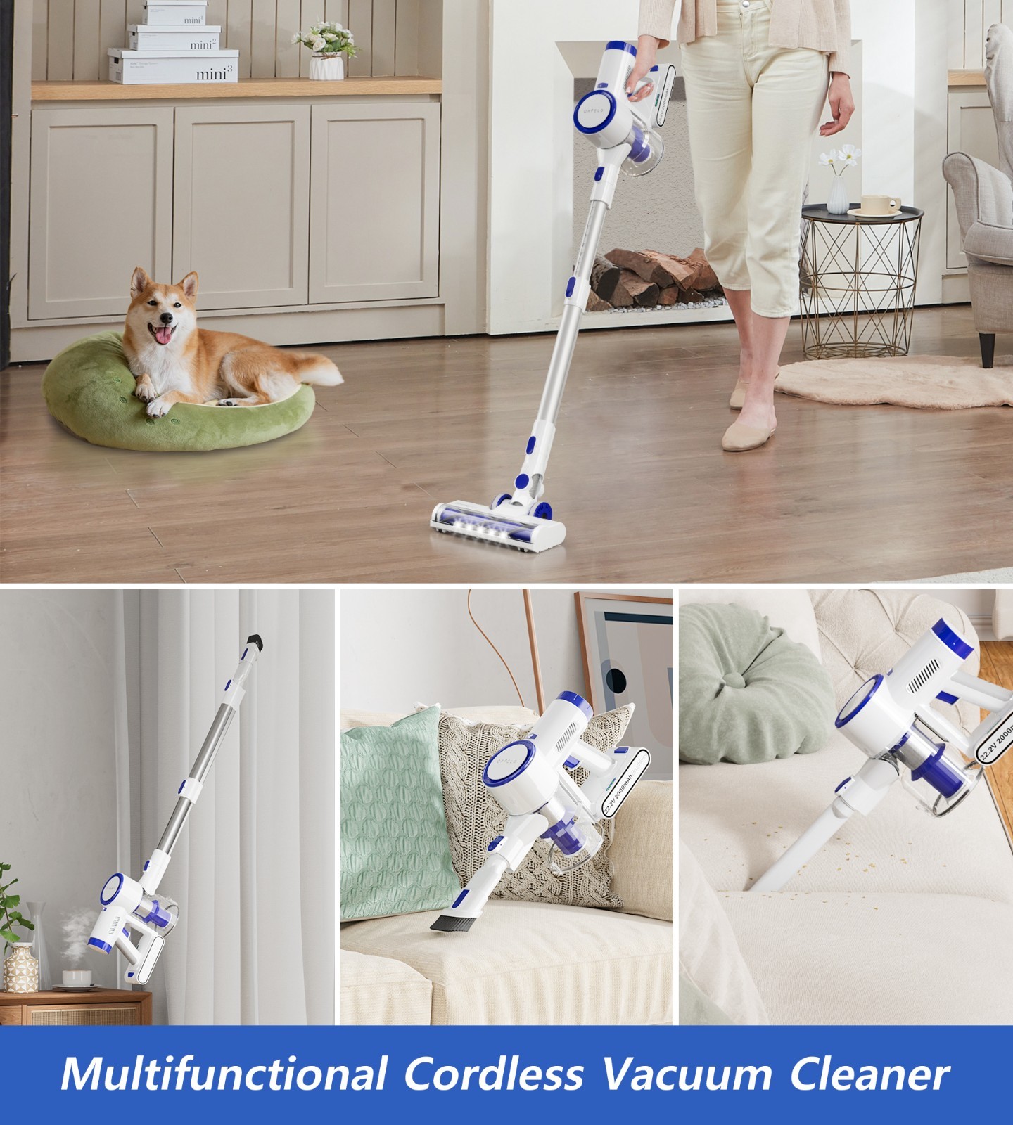 Cordless Vacuum Cleaner 65Kpa Suction Rechargeable 60min 1.5L Stick Lightweight