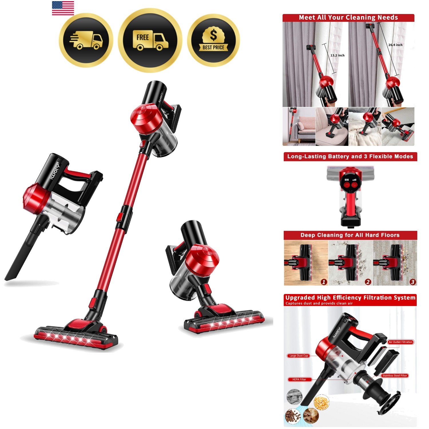 C150 Cordless Vacuum Cleaner with 2200mAh Rechargeable Battery, 18000Pa Cyclo…