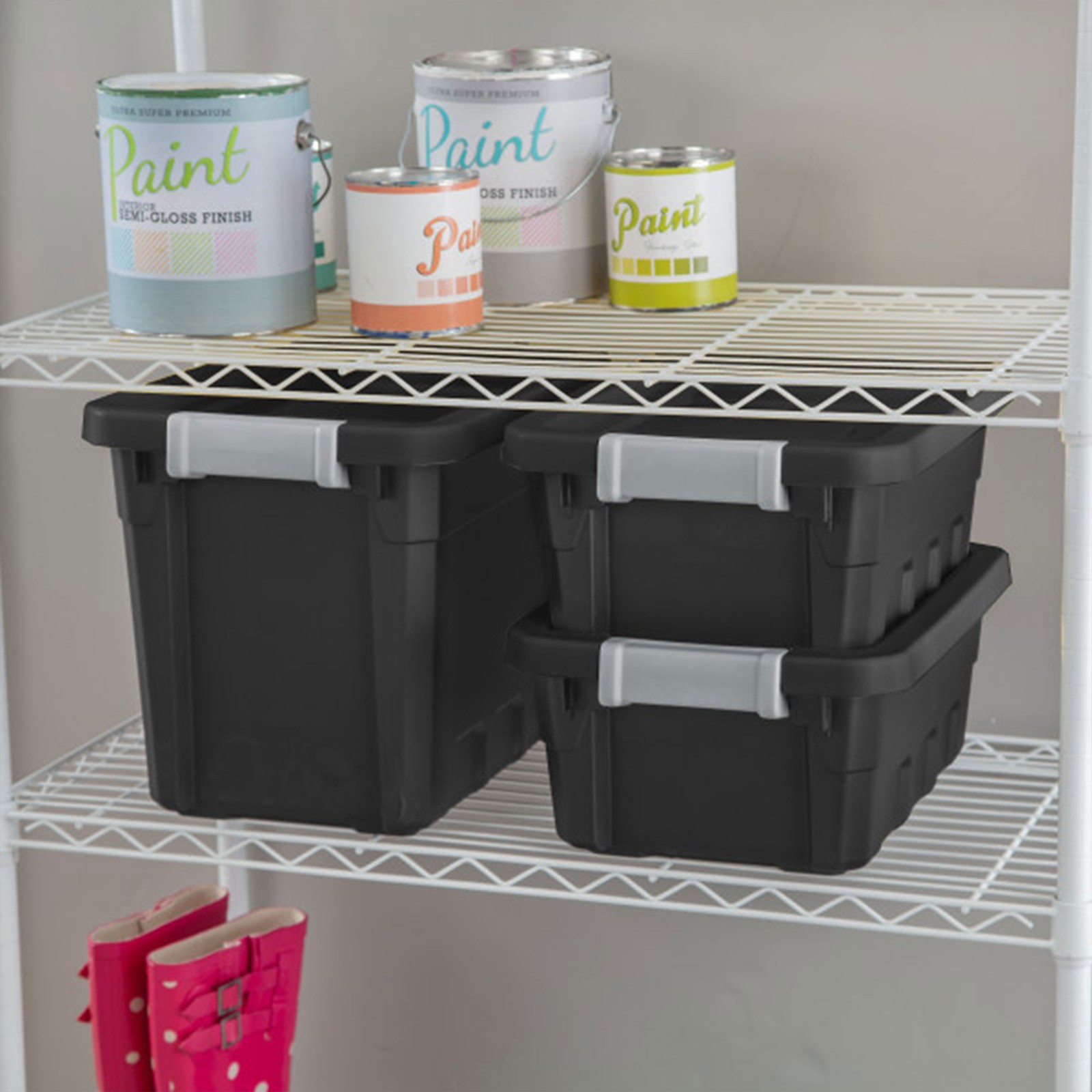 Sterilite 4 Gallon Industrial Storage Totes with Latch Clip Lids, Black (6 Pack)