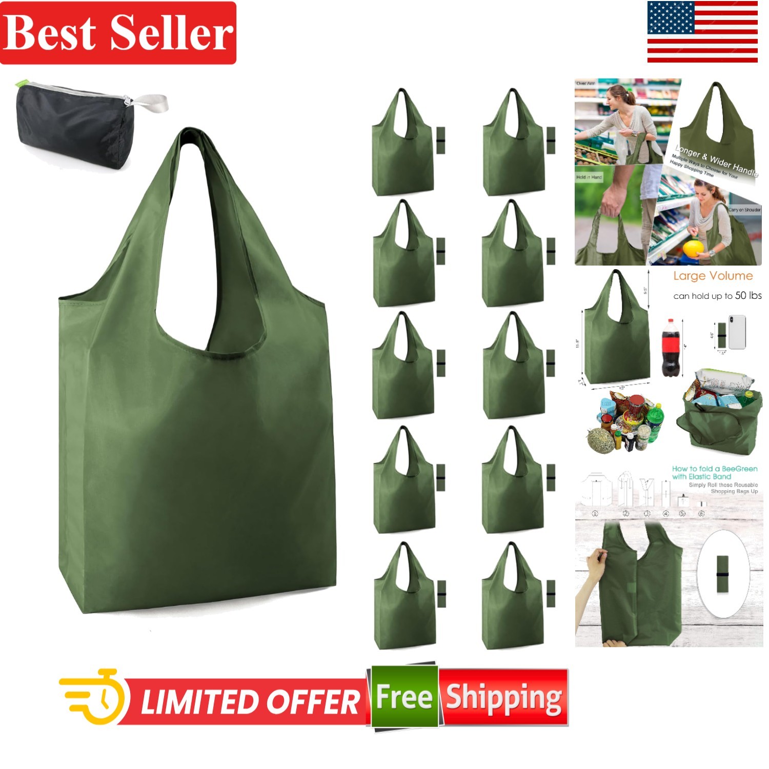 Reusable Grocery Bags Bulk 10 Pack Large 50LBS Polyester Folding Durable